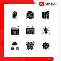 Pack of 9 creative Solid Glyphs of news technology location radio devices Editable Vector Design Elements