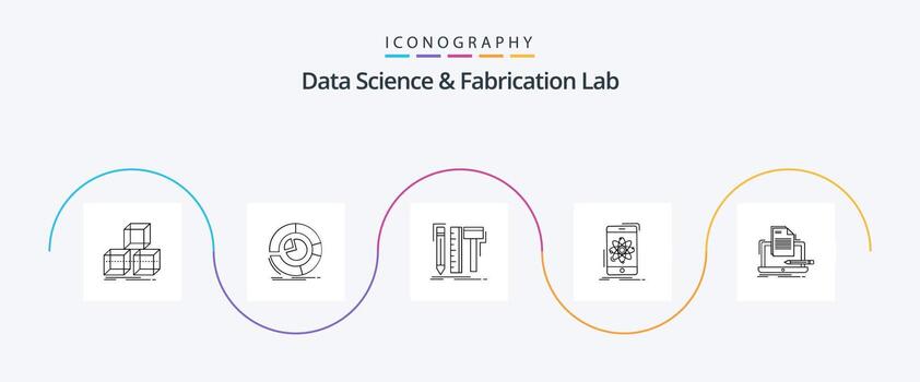 paquete de iconos de línea 5 de laboratorio de fabricación y ciencia de datos que incluye investigación. información. Gráfico circular. datos. herramientas vector