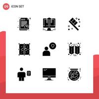 Group of 9 Modern Solid Glyphs Set for love view duplicate eye creative Editable Vector Design Elements