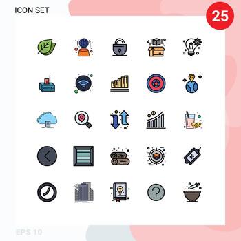 paquete de línea de vector editable de 25 colores planos de línea rellena simple de caja de impresión de bloqueo de bombilla de solución elementos de diseño de vector editable