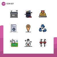 paquete de color plano de línea de llenado de 9 símbolos universales de elementos de diseño de vector editables de archivo de script de construcción de ubicación de pin