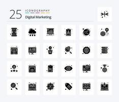 paquete de iconos de 25 glifos sólidos de marketing digital que incluye distribución. expediente. análisis. documento. archivo vector