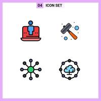 Group of 4 Filledline Flat Colors Signs and Symbols for computer network technology kitchen utensils web Editable Vector Design Elements