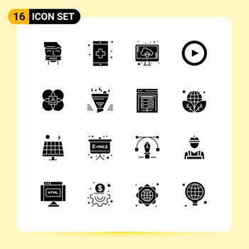 conjunto de glifos sólidos de interfaz móvil de 16 pictogramas de juego de personajes que forman elementos de diseño de vectores editables de almacenamiento básico