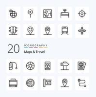 Paquete de iconos de línea de viaje de 20 mapas como equipaje de viaje gps documento de viaje vector