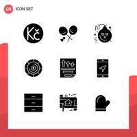 Pack of 9 Modern Solid Glyphs Signs and Symbols for Web Print Media such as paper file halloween data coins Editable Vector Design Elements