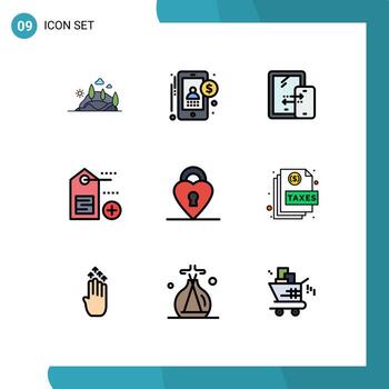 User Interface Pack of 9 Basic Filledline Flat Colors of love tag user label technology Editable Vector Design Elements