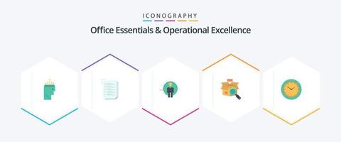 Office Essentials And Operational Exellence 25 Flat icon pack including time. online search. man. search. identity vector