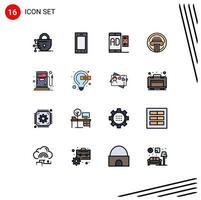 Pack of 16 creative Flat Color Filled Lines of gas writer advertising typewriter printer Editable Creative Vector Design Elements