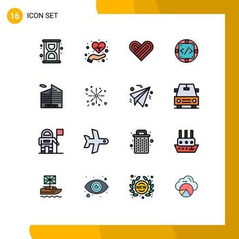 paquete de líneas vectoriales editables de 16 líneas llenas de colores planos simples de edificio de oficinas amor producción implementación elementos de diseño de vectores creativos editables