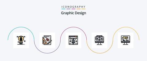 la línea de diseño gráfico llenó el paquete de iconos planos 5 que incluye el diseño. computadora. obra de arte servidor. compartir datos vector