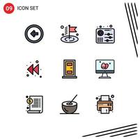 Pictogram Set of 9 Simple Filledline Flat Colors of house construction audio rewind arrow Editable Vector Design Elements