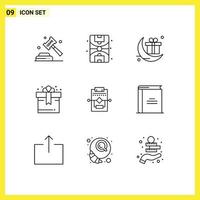 Mobile Interface Outline Set of 9 Pictograms of process workflow celebrate gift birthday Editable Vector Design Elements