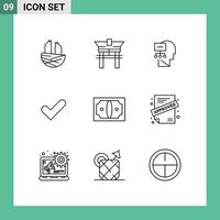 Group of 9 Outlines Signs and Symbols for cash good planning tick check Editable Vector Design Elements