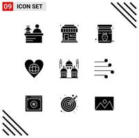 9 Universal Solid Glyph Signs Symbols of masjid like jar heart environment Editable Vector Design Elements