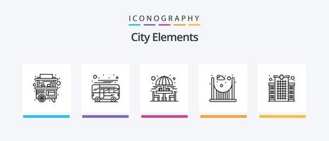 paquete de iconos de la línea 5 de elementos de la ciudad que incluye puesto. edificio. luz de la calle. teatro. tocar. diseño de iconos creativos vector