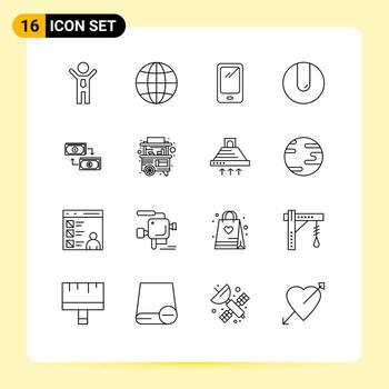 16 Universal Outlines Set for Web and Mobile Applications dollar exchange smart phone sport ball Editable Vector Design Elements