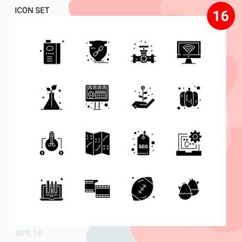16 Universal Solid Glyph Signs Symbols of signal monitor protect computer plumber Editable Vector Design Elements