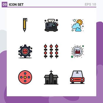 conjunto de colores planos de línea de relleno de interfaz móvil de 9 pictogramas de verduras kebab parrilla soleada código fuente elementos de diseño vectorial editables vector