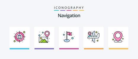 la línea de navegación llenó el paquete de 5 íconos que incluye el mapa. Marcos. destino. comprobado. mapa. diseño de iconos creativos vector