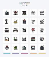 paquete de iconos llenos de 25 líneas de vida urbana creativa, como el banco. ciudad. paisaje urbano alberca. ciudad vector