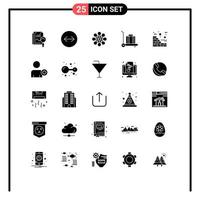 Mobile Interface Solid Glyph Set of 25 Pictograms of multimedia wall celebrate construction luggage Editable Vector Design Elements