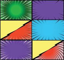 Comic book colorful frames background with halftone rays radial and dotted effects pop art style vector