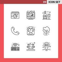 9 User Interface Outline Pack of modern Signs and Symbols of communication telephone screen phone glass Editable Vector Design Elements