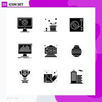 Editable Vector Line Pack of 9 Simple Solid Glyphs of data processing game analytics disk Editable Vector Design Elements