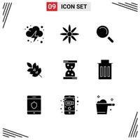 9 User Interface Solid Glyph Pack of modern Signs and Symbols of watch glass search spring leaf Editable Vector Design Elements