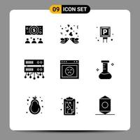 Group of 9 Modern Solid Glyphs Set for website error lot browser shared server Editable Vector Design Elements