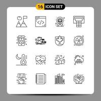 Pack of 16 Modern Outlines Signs and Symbols for Web Print Media such as hourglass mobile briefcase in map pin heart beat Editable Vector Design Elements