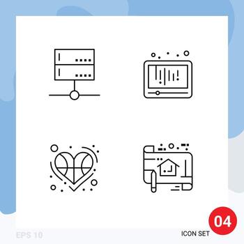 Mobile Interface Line Set of 4 Pictograms of admin social media server media basketball Editable Vector Design Elements