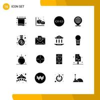 Pack of 16 creative Solid Glyphs of money fund brackets location globe Editable Vector Design Elements