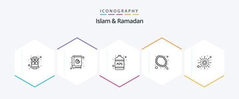 Islam And Ramadan 25 Line icon pack including weather. rise. container. tasbeeh. muslim vector