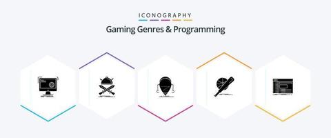 Géneros de juegos y programación Paquete de iconos de 25 glifos que incluye pelota. béisbol. guerrero. tecnología. droide vector