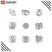 Outline Pack of 9 Universal Symbols of aim location pin agriculture online cab booking production Editable Vector Design Elements