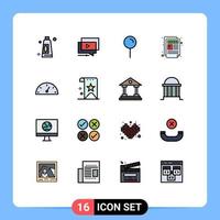 16 Universal Flat Color Filled Lines Set for Web and Mobile Applications gauge news letter location paper news Editable Creative Vector Design Elements