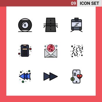 9 Universal Filledline Flat Color Signs Symbols of mail heart grid machine card Editable Vector Design Elements