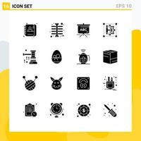 Group of 16 Modern Solid Glyphs Set for hammer auction education setting cog wheel Editable Vector Design Elements