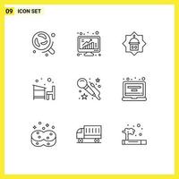 Group of 9 Modern Outlines Set for learn desk data chair islam Editable Vector Design Elements