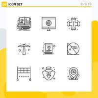 Group of 9 Modern Outlines Set for book job mechanical hoe system Editable Vector Design Elements