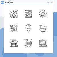 9 User Interface Outline Pack of modern Signs and Symbols of location graph cloud dollar analysis Editable Vector Design Elements