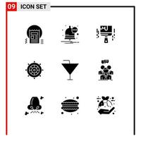 User Interface Pack of 9 Basic Solid Glyphs of glass steering the boat paint brush steering beach Editable Vector Design Elements