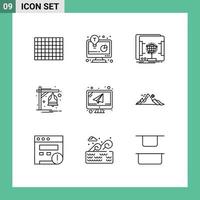 Set of 9 Vector Outlines on Grid for laptop computer holographic train bell Editable Vector Design Elements