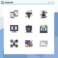Group of 9 Modern Filledline Flat Colors Set for security shield cook internet screen Editable Vector Design Elements