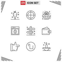 Editable Vector Line Pack of 9 Simple Outlines of map web security big sale shield internet Editable Vector Design Elements