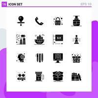 Group of 16 Modern Solid Glyphs Set for waste gas lock factory transportation Editable Vector Design Elements