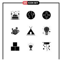 9 Thematic Vector Solid Glyphs and Editable Symbols of tent holidays cross map process Editable Vector Design Elements