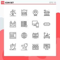 Mobile Interface Outline Set of 16 Pictograms of cross cathedral lamb big city Editable Vector Design Elements